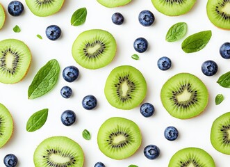 Fototapeta premium Green kiwi slices and blueberries on a white background, top view. Pattern with natural fruits for a summer concept design. Flat lay of fresh green kiwi fruit pattern on a white background. 