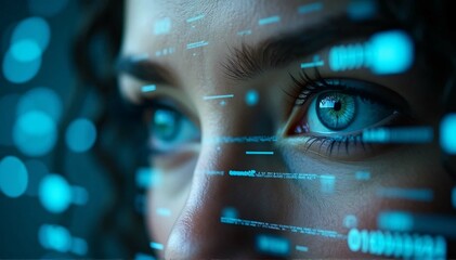 A person's eyes are shown in close-up double exposure with digital binary code, highlighting innovation and technology in the workplace.
