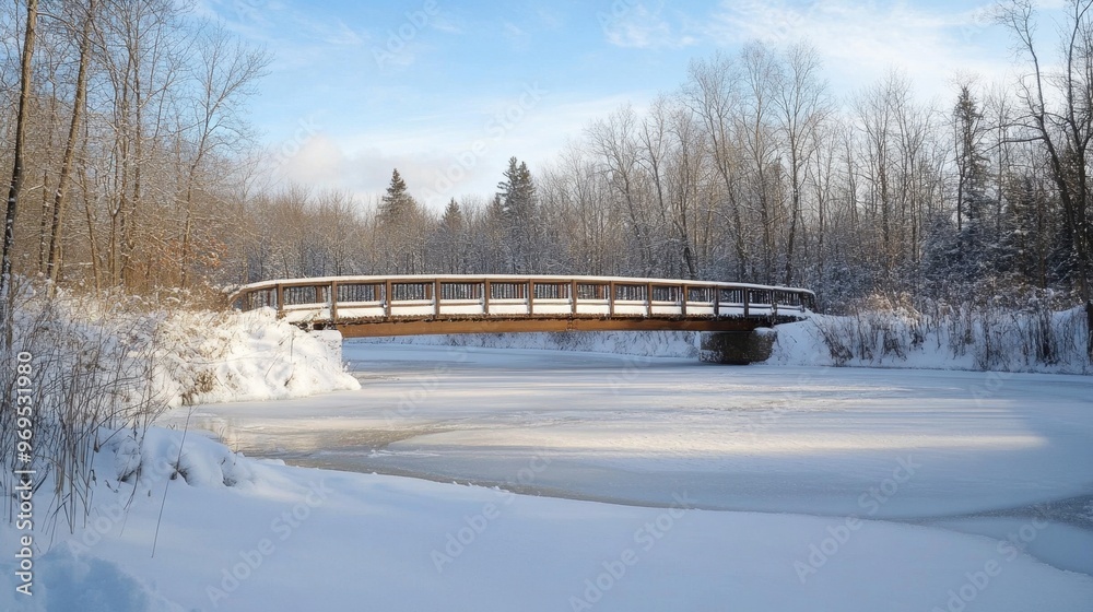 Wall mural A snow-covered bridge stretching across a frozen river, with bare trees and a soft layer of snow blanketing the landscape.