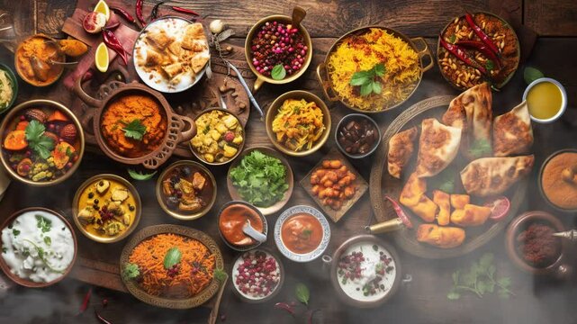 Top view of a colorful assortment of Indian food. Delicious food and spices with smoke around
