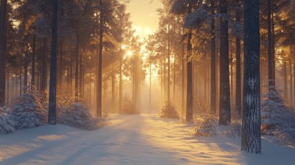 Fototapeta premium A snow-covered pine forest at dawn, with soft sunlight filtering through the trees and sparkling on the fresh snow.