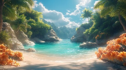 Serene tropical beach with vibrant flora and clear turquoise water.