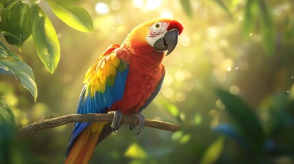 Scarlet Macaw Perched on a Branch in a Lush Tropical Forest