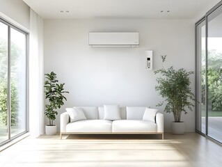 Fototapeta premium Modern living room with a sleek white sofa, indoor plants, large windows, and an air conditioner for a refreshing atmosphere.
