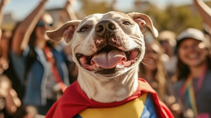 A playful dog smiles brightly while wearing a colorful superhero costume at a lively outdoor event, surrounded by enthusiastic fans and friends celebrating together