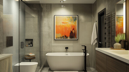 Modern bathroom featuring a freestanding tub, artwork, and sleek design elements.