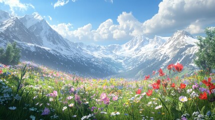 Fototapeta premium A tranquil scene of a mountain meadow filled with wildflowers, with snow-covered peaks visible in the distance.
