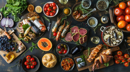 An inviting display of seafood, fruits, and vegetables is spread across a rustic table, celebrating fresh ingredients ready for cooking