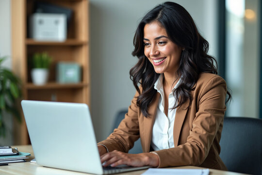 Busy young business woman executive using laptop in office. Smiling Hispanic businesswoman company employee sitting at work desk, professional female hr manager looking at pc computer at workplace