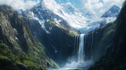 Fototapeta premium A waterfall in a remote mountain valley, with towering peaks and snow-capped mountains in the background.