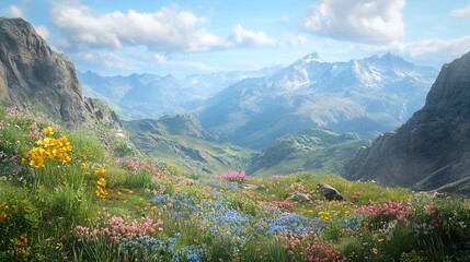 A remote mountain pass with a hidden valley below, covered in wildflowers and framed by peaks