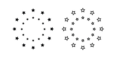 Stars of various sizes arranged in a circle. Round frame, border. Black star shape, simple symbol. Design element, ornament. Vector illustration