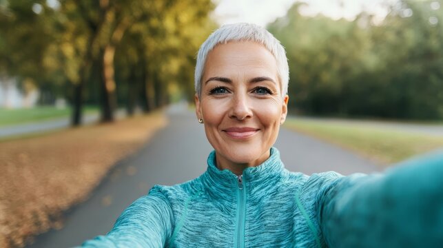 Mature woman snapping a selfie during a brisk morning walk, feeling fresh and active