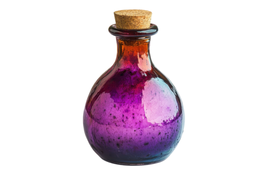 A small, round glass bottle with a cork stopper filled with a vibrant purple liquid, isolated on a transparent background.