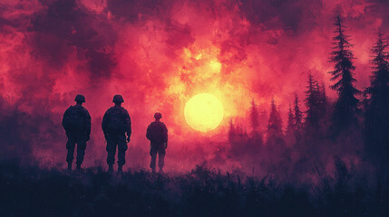 Fototapeta premium Silhouettes of soldiers stand against a fiery sunset.