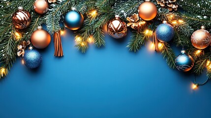 Festive holiday decorations featuring ornaments, pine branches, and lights set against a bright blue background in a cozy atmosphere
