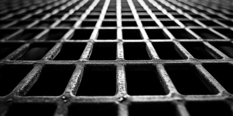 close-up of metal grid with symmetrical pattern and perspective in black and white industrial grate texture