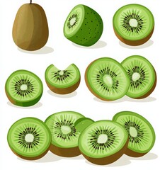 Fototapeta premium Set of kiwi fruit in different angles and positions, whole fruit, sliced, halved
