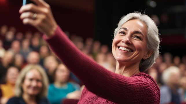 Mature woman taking a selfie at a community theater event, supporting local arts