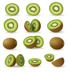 Fototapeta premium Set of kiwi fruit in different angles and positions, whole fruit, sliced, halved