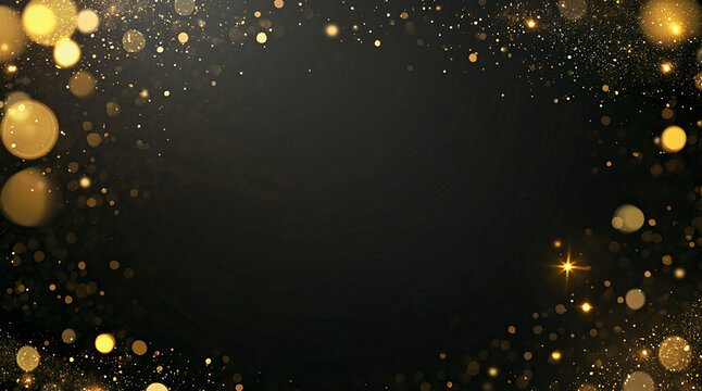 Scattered gold particles on black background. Holiday background frame. Generative AI