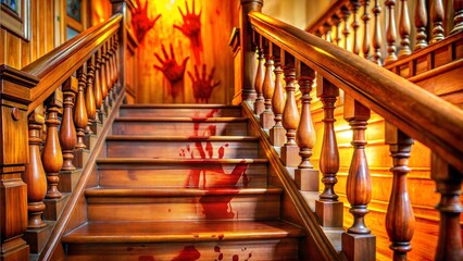 Creepy staircase with bloodstains and handprints on the wall, unsettling horror ambiance