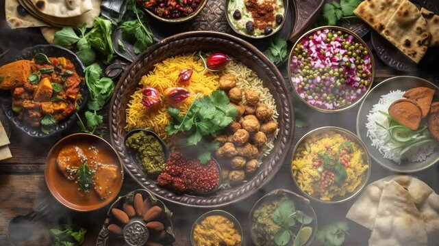 Top view of a colorful assortment of Indian food. Delicious food and spices with smoke around