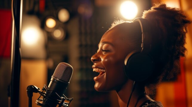 Female Singer Recording Vocals in a Studio