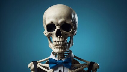 A 3D skeleton with a bow tie smiles on a blue background, adding playful charm.
