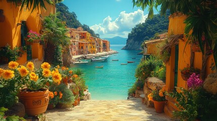 Scenic coastal view with colorful buildings and vibrant flowers.