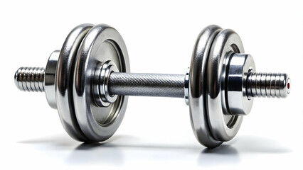 Naklejka premium Silver dumbbell for strength training workouts. Gym equipment: Adjustable silver dumbbell.