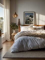 A bright, sun-drenched bedroom with a crisp white duvet and pillows, creating a peaceful and inviting ambiance