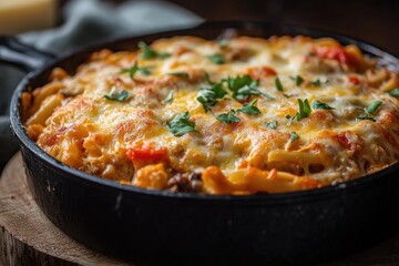 Cheesy pasta bake in a skillet. Perfect for a comforting meal or showing off your culinary skills.