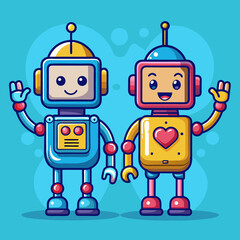 Cute robot cartoon icon character, line stoke isolated, graphic design sign
