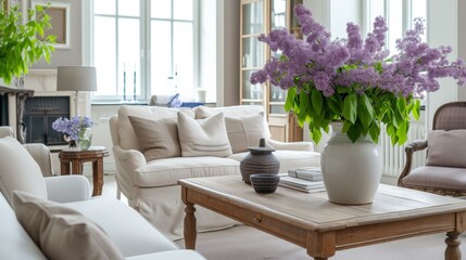 Fototapeta premium Elegant Living Room Interior with Lilac Flowers and White Sofa