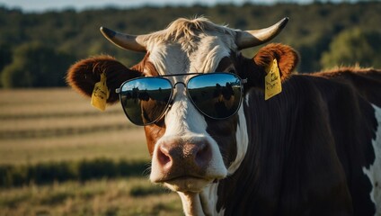 A cool cow sporting sunglasses with a laid-back, stylish look.