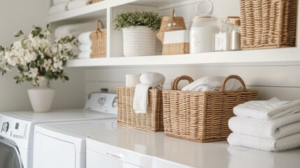 White Laundry Room with Wicker Baskets and Fresh Flowers
