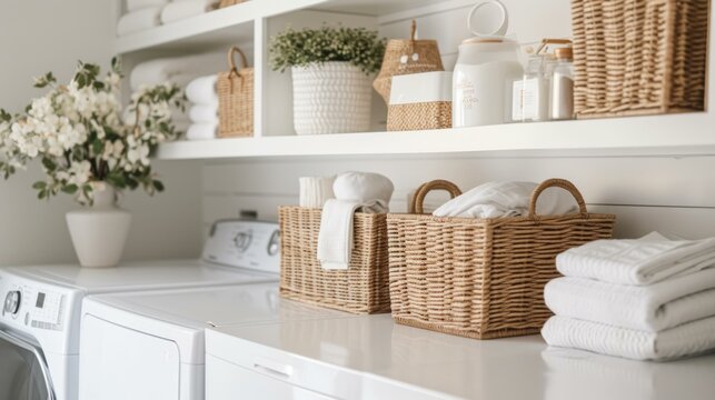 White Laundry Room with Wicker Baskets and Fresh Flowers