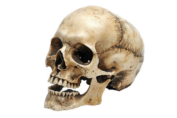 Naklejka premium Close-up of a human skull on a transparent background. showcasing detailed bone structure. Ideal for medical, educational, and artistic purposes.