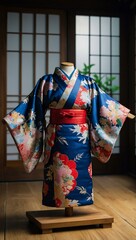 A detailed Japanese kimono displayed on a wooden mannequin, highlighting tradition.