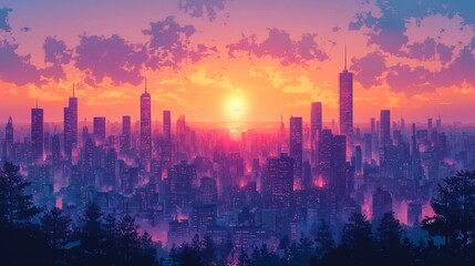 Fototapeta premium Vector design of a stylized cityscape at sunset with sharp angular buildings silhouetted against a glowing sky creating a dynamic and modern urban scene