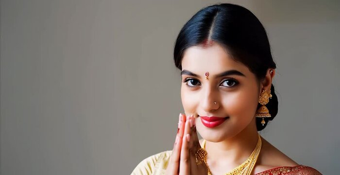 Beautiful woman greeting with her hands joined, namaste. with traditional ethnic saree showing namaste gesture by looking camera during festival celebration - concept of welcome, greetings, copy space