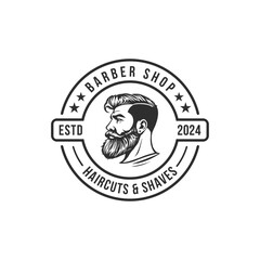 Barber shop logo template. Handsome man with beard and mustache. Scissors. Barber shop symbol. line art editable vector.