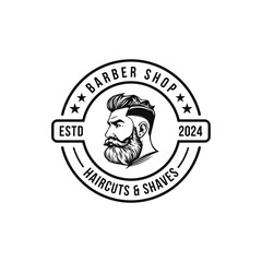 Barber shop logo template. Handsome man with beard and mustache. Scissors. Barber shop symbol. line art editable vector.