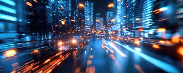 Obraz premium Dynamic cityscape at night showcasing vibrant lights and fast-moving traffic, capturing the energy of urban life.