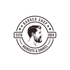 Barber shop logo template. Handsome man with beard and mustache. Scissors. Barber shop symbol. line art editable vector.