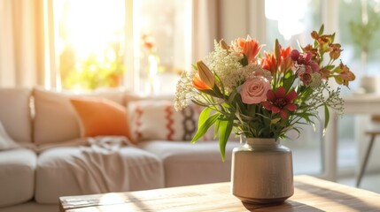 Stunning Floral Arrangement in a Vase on a Table in a Living Room