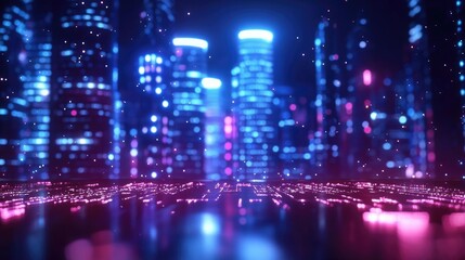 Fototapeta premium A vibrant, futuristic cityscape illuminated by colorful neon lights, showcasing modern architecture and a dynamic urban atmosphere.
