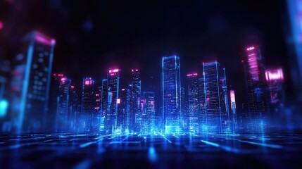 Futuristic city skyline illuminated with vibrant neon lights, showcasing modern architecture in a digital landscape.