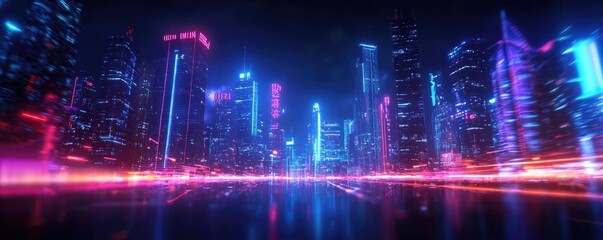 Fototapeta premium A vibrant city skyline at night with neon lights and reflections, showcasing a futuristic urban atmosphere.